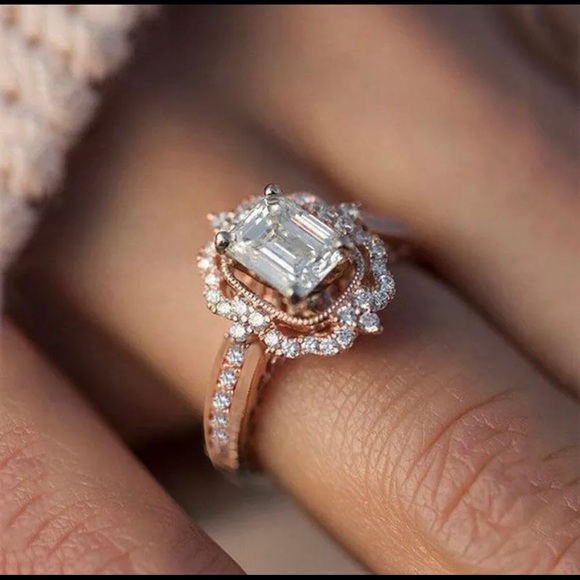 Rose Gold Emerald Cut Diamond CZ Ring - Picture 1 of 6